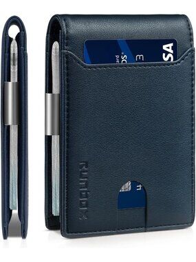〽️Man Natural Leather Money Clip RFID Blocking Pocket Bifold Credit Card Wallet